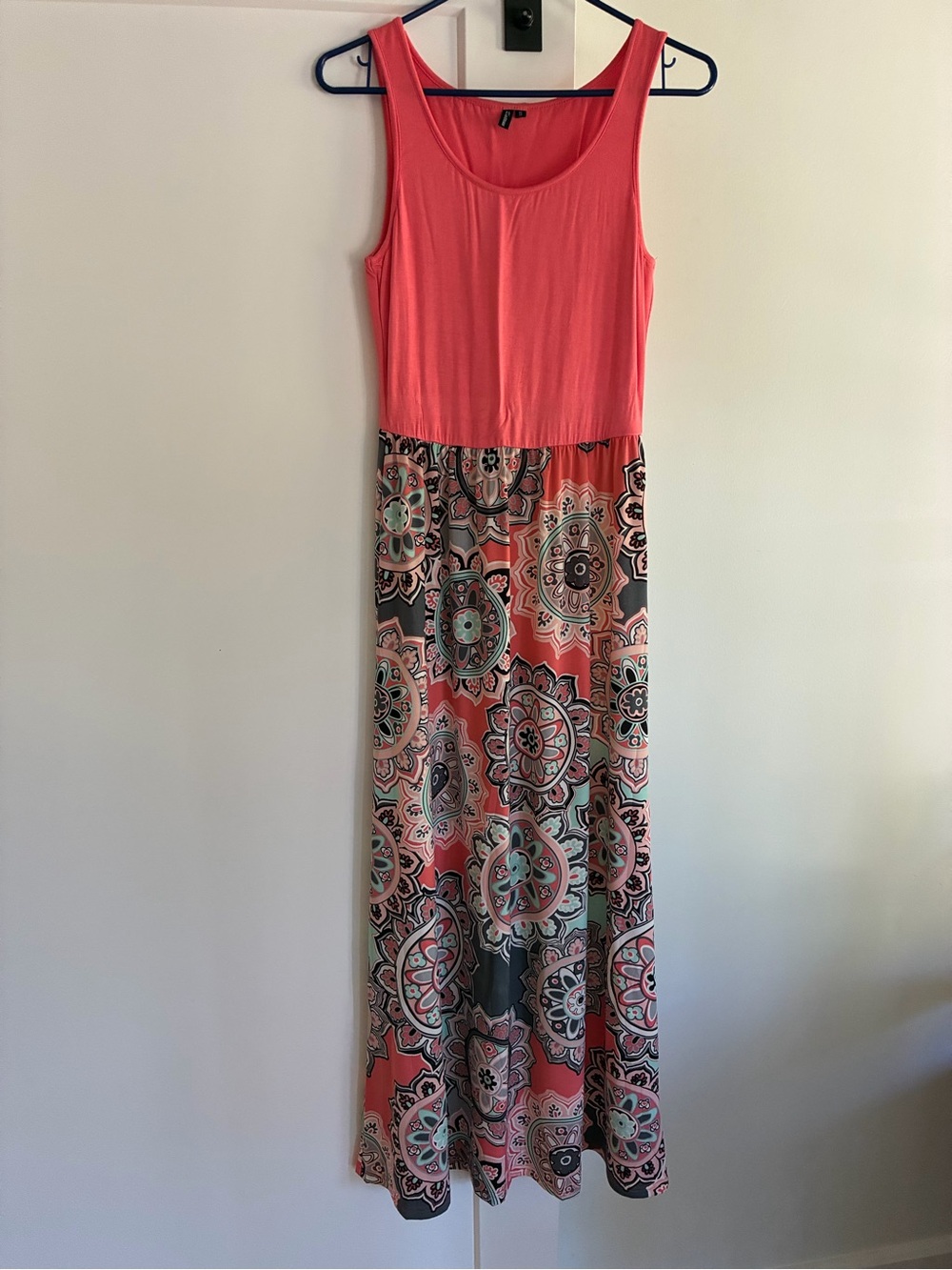 Coral Sleeveless Maxi Dress with Patterned Skirt